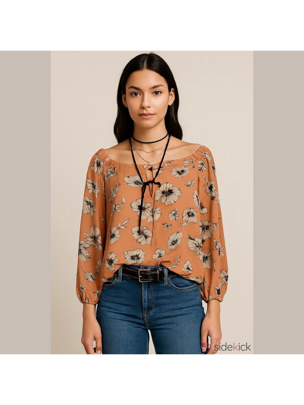 Haute Monde Orange Floral Blouse with 3/4 Sleeves